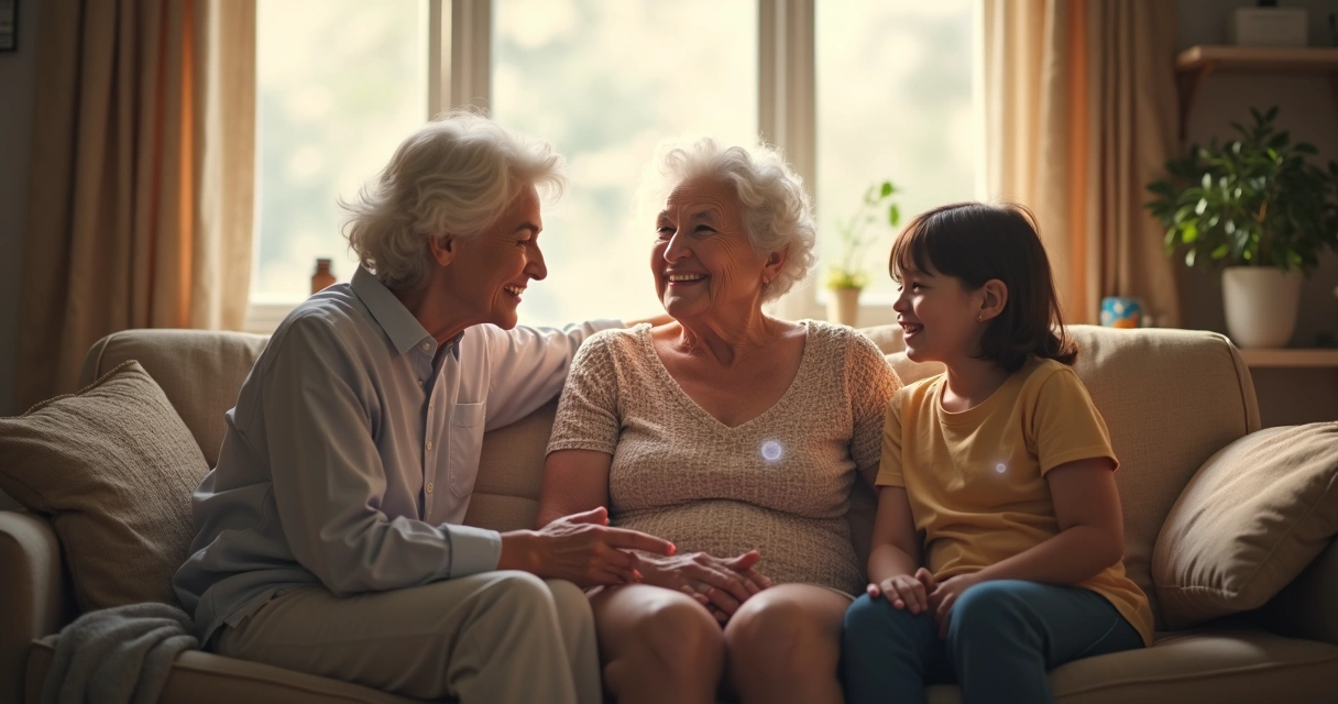Three generations of family seated together in a living room