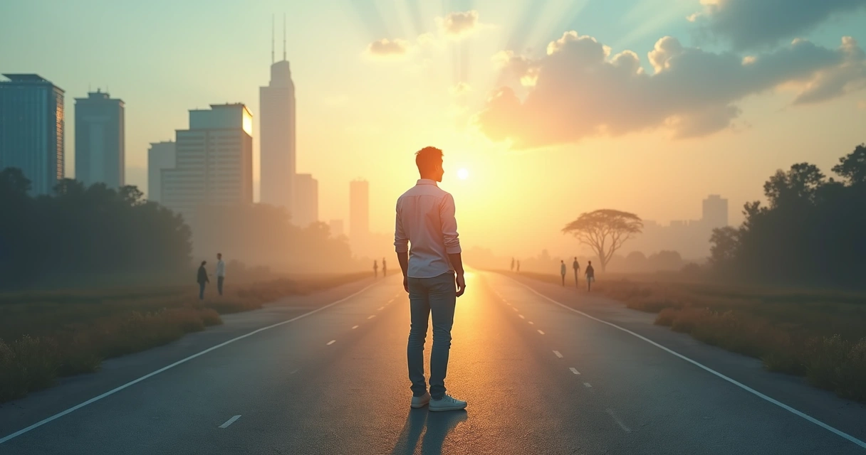 Adult facing crossroads with transparent family figures behind 