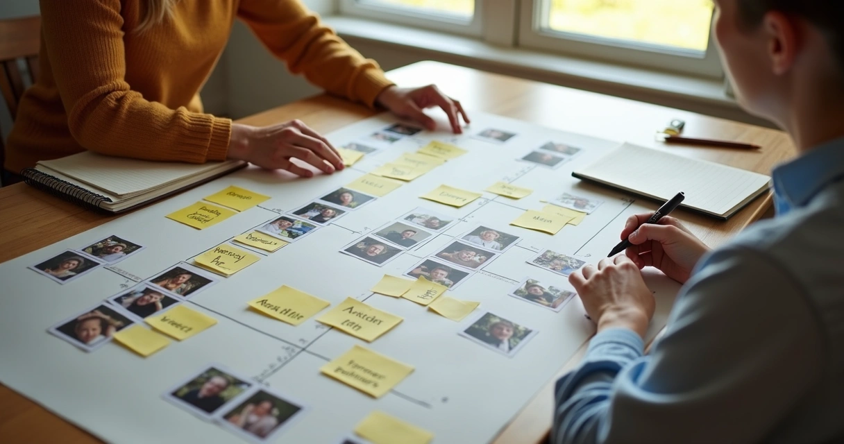 Adults mapping family relationships on a table with notes and photos