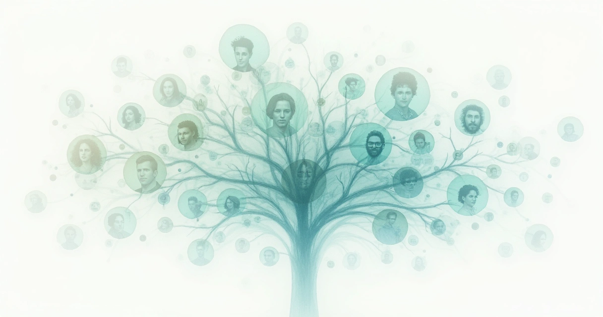 Abstract family tree graphic with interconnected circles, subtle faces inside circles, pastel blues and greens, hint of old photographs, white background 