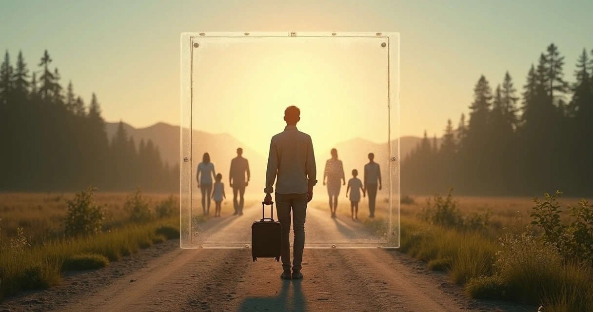 Young adult pausing on a path while shadowy family figures stand behind a transparent barrier 