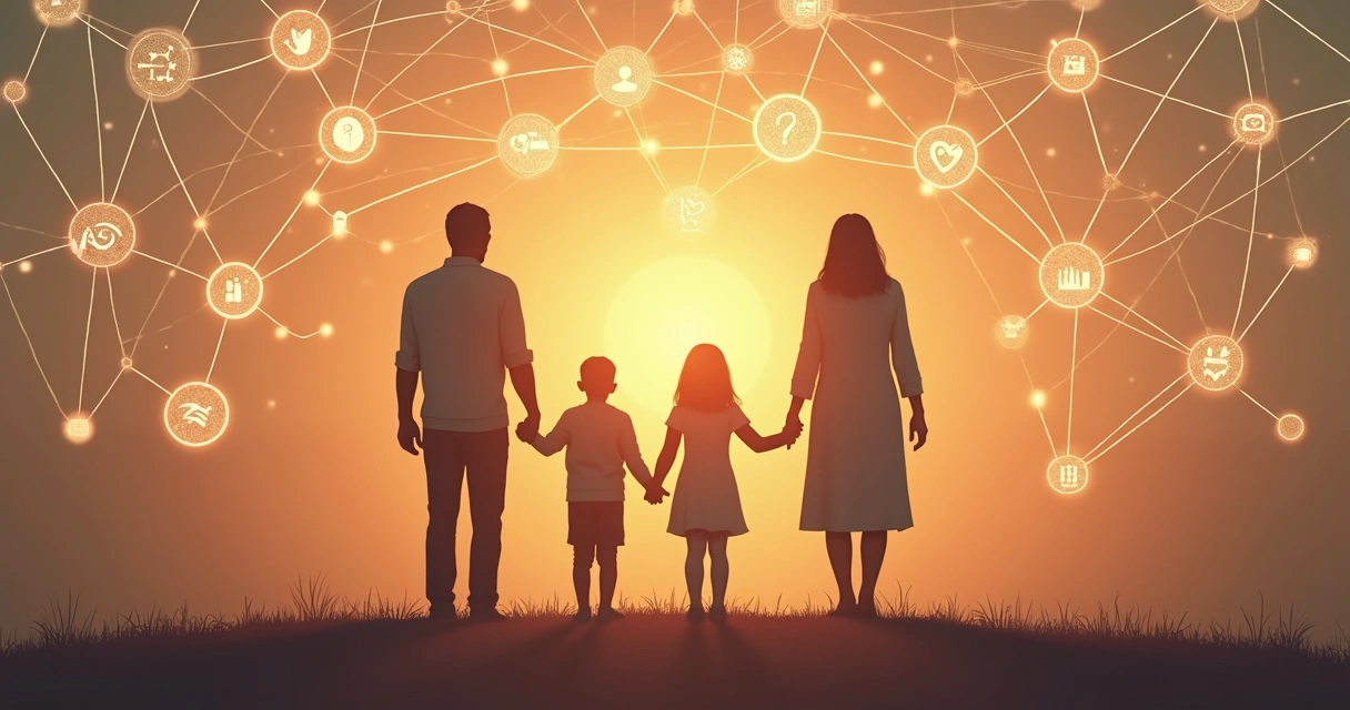 Silhouettes of a family standing amid interconnected lines and symbols representing emotion. 