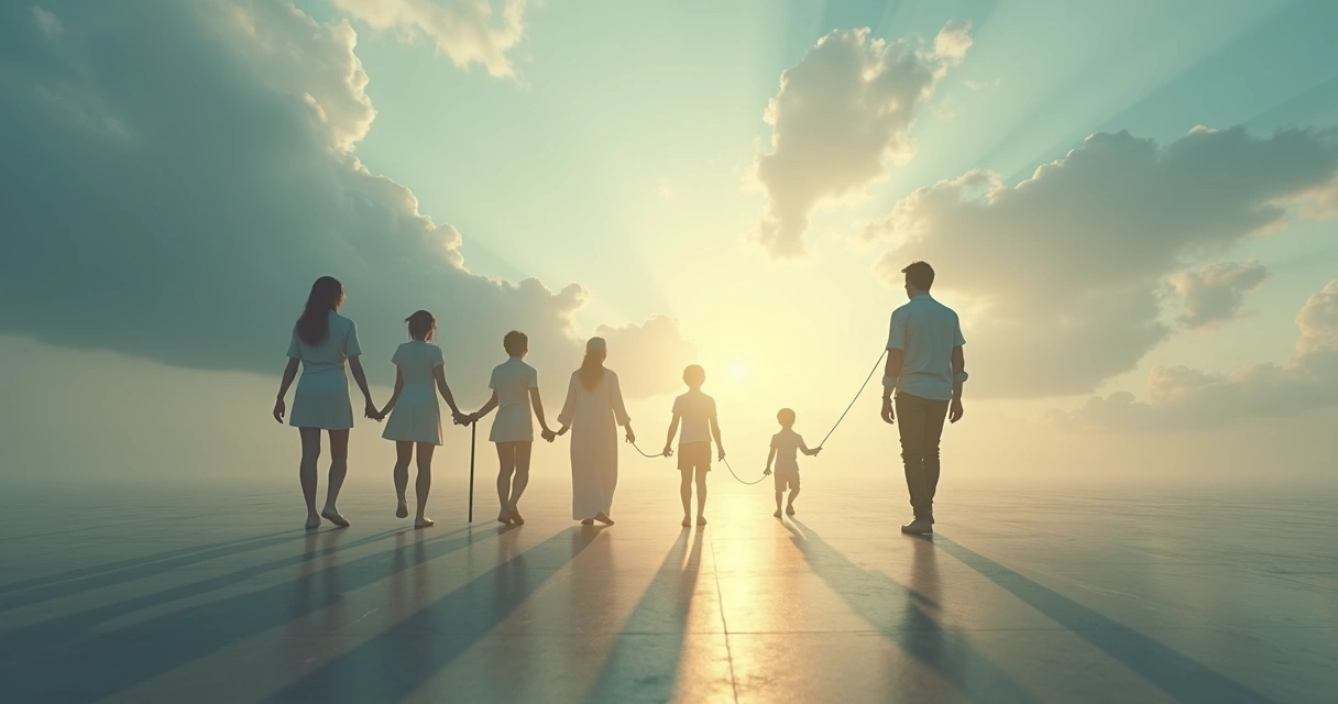 Adult walking forward while shadow shows a family holding them back 