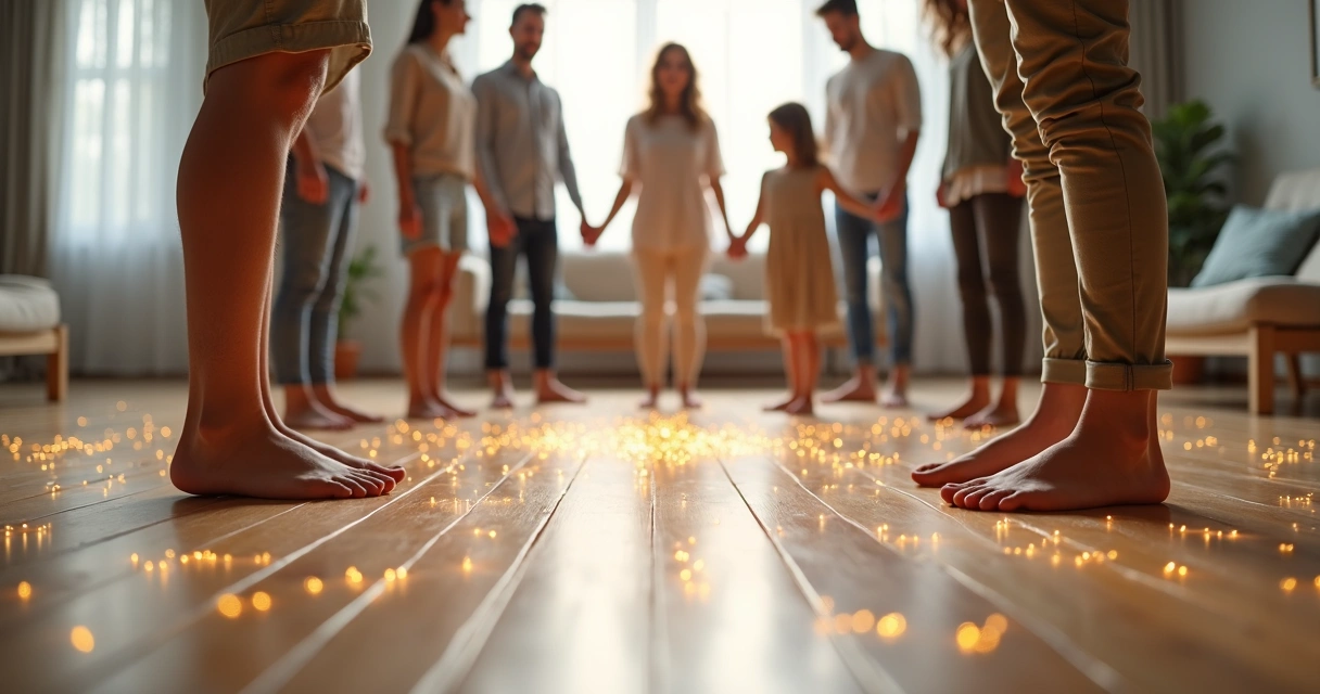 Multigenerational family standing in a circle connected by lines of light 