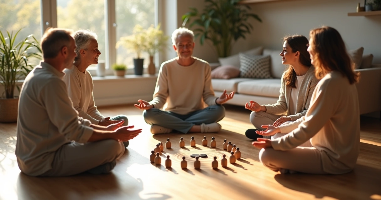 Family sitting in a healing circle with light connecting them 