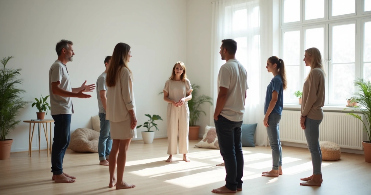 Facilitator guiding a diverse family in a therapeutic systemic constellation circle 