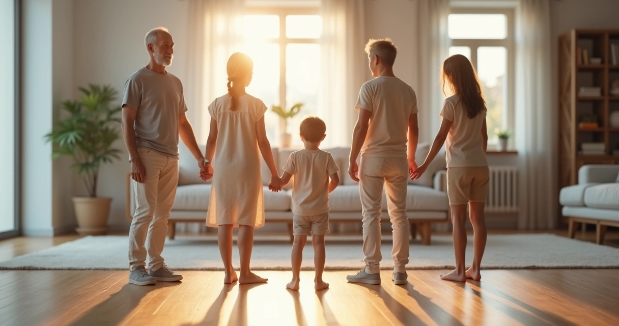 Three-generation family standing in a circle connected by light lines 