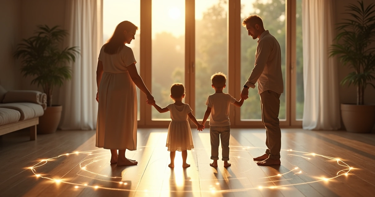 Family standing in a circle connected by glowing lines representing systemic constellation 