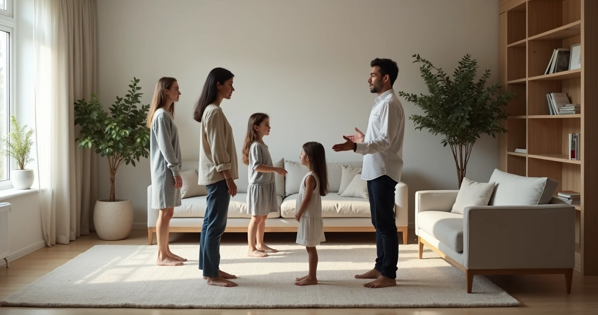 Family in living room guided by therapist in systemic constellation session 