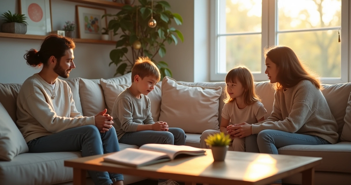 Family in living room connected by subtle light lines representing systemic dynamics 