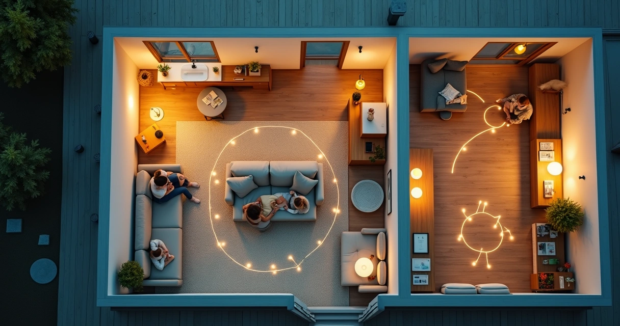 Family seen from above in living room connected by glowing lines between rooms 