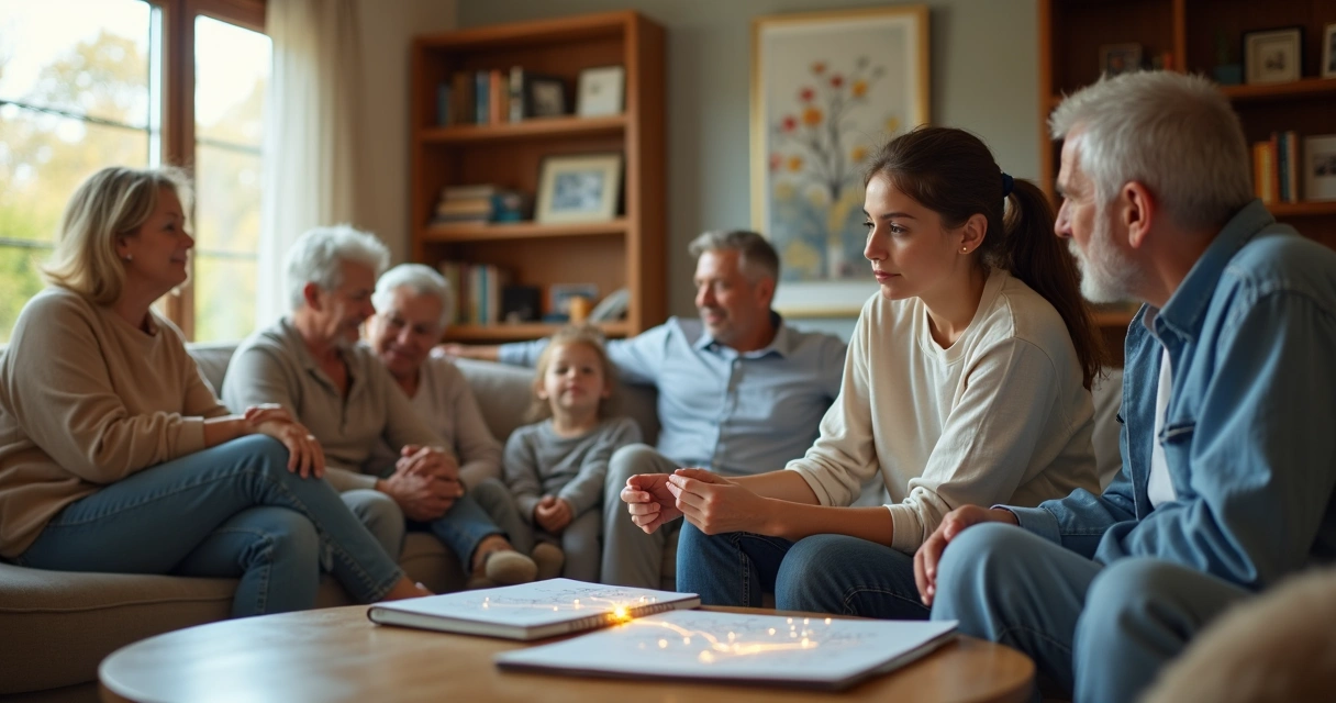 Three-generation family connected by subtle light lines in a living room 