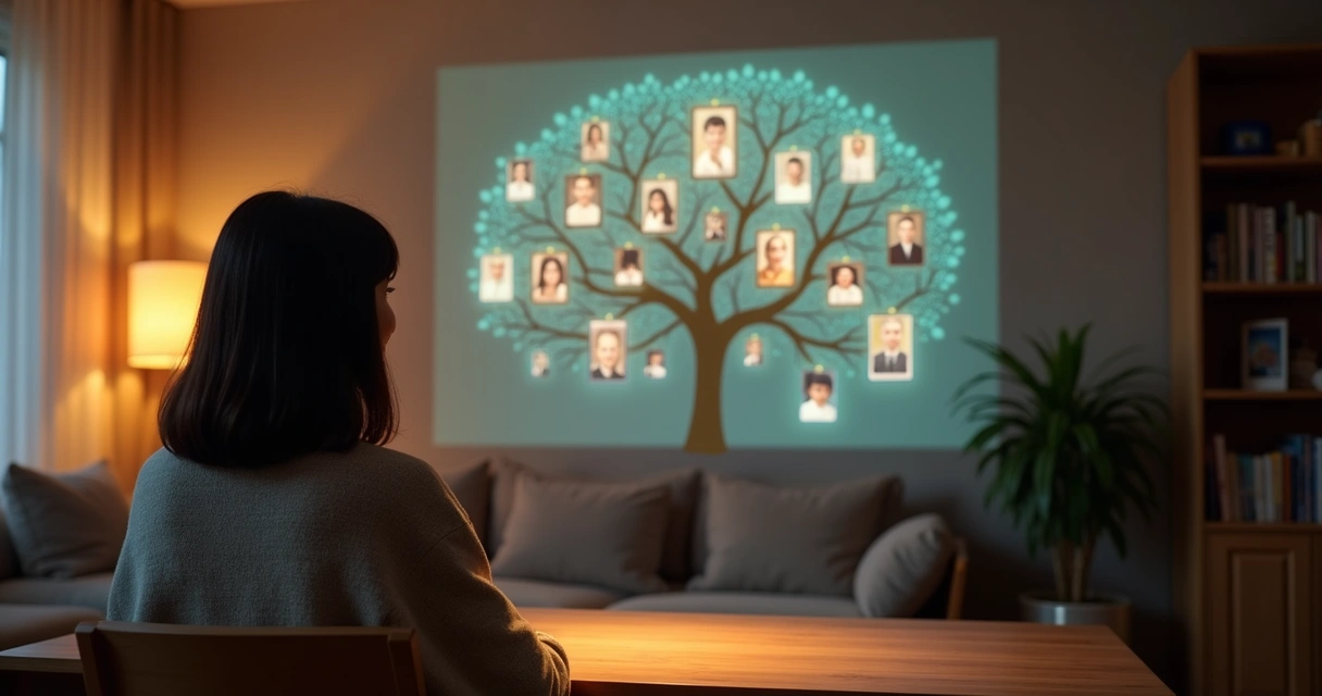 Woman observing family portraits growing as branches from a glowing family tree chart 