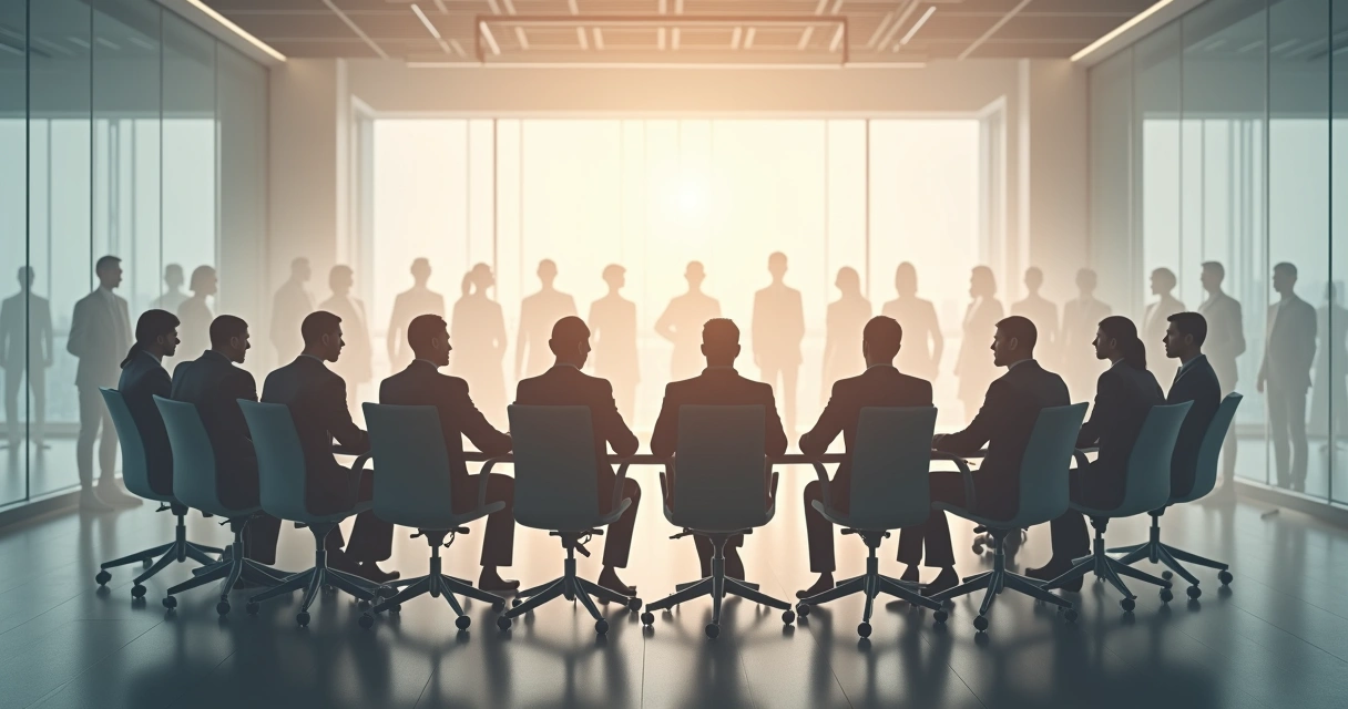 Leaders seated in a circle with tiny shadowy figures around them, symbolizing family systems