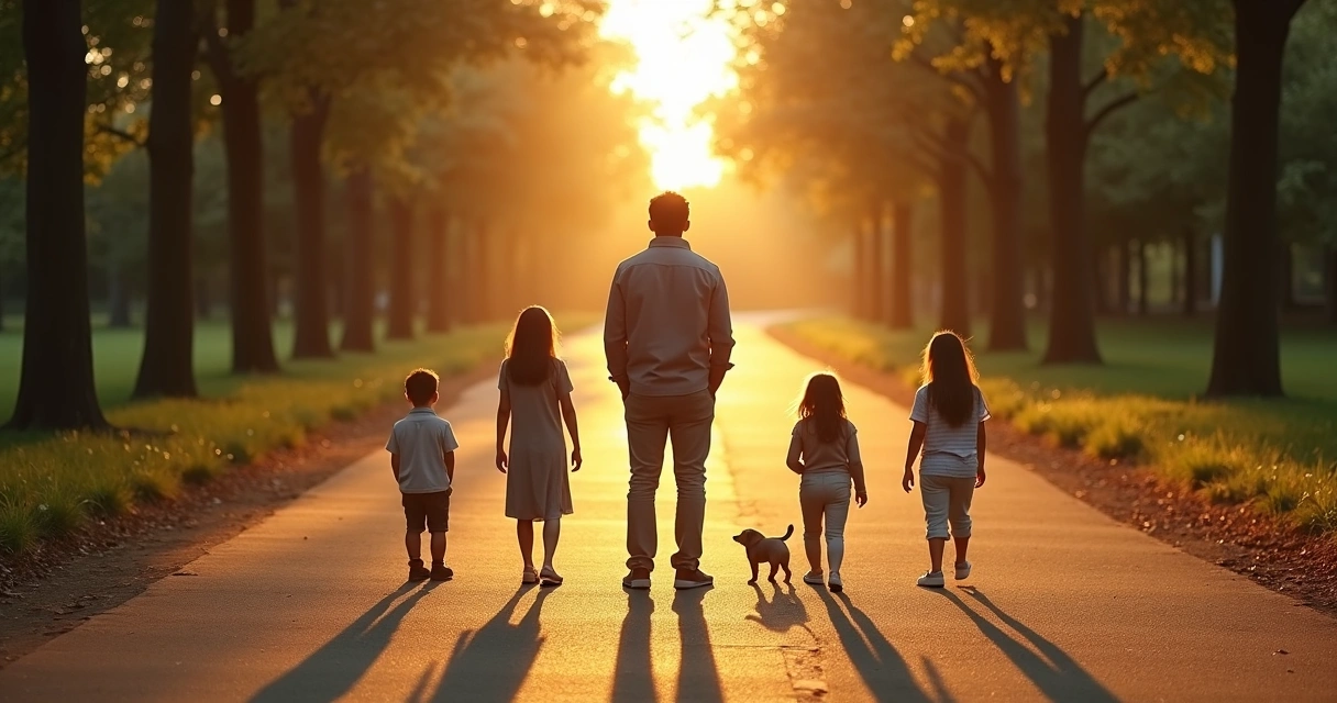 Adult standing at a crossroads with four family-shaped shadows behind 
