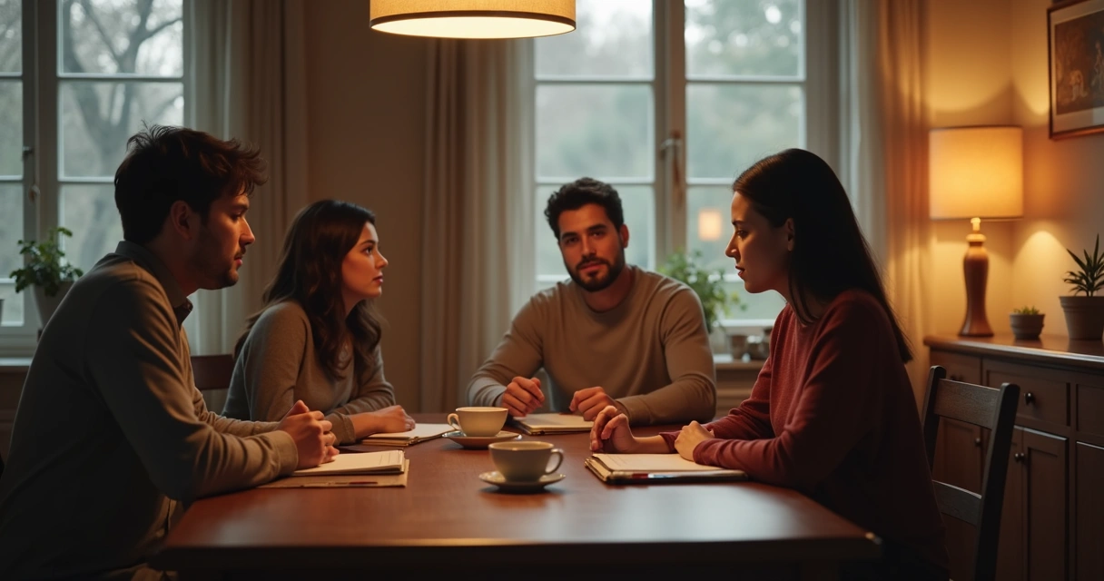 Family members having a calm conversation at the dining table 