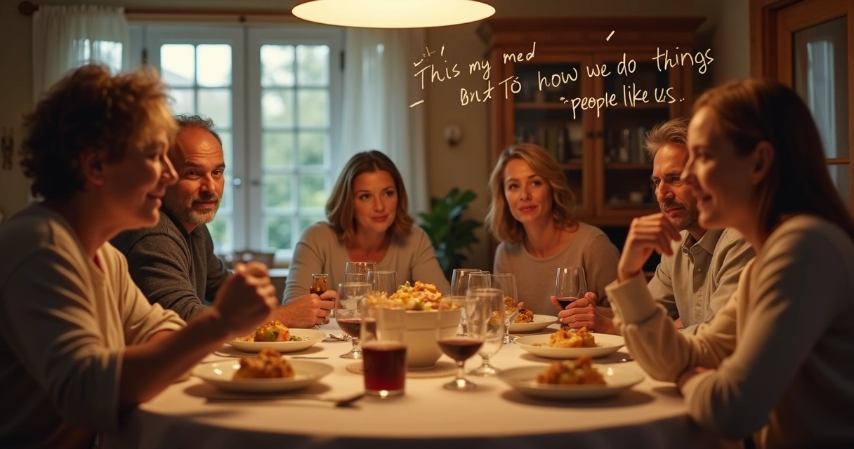 Family at dinner with repeated phrases shown as notes in the background 