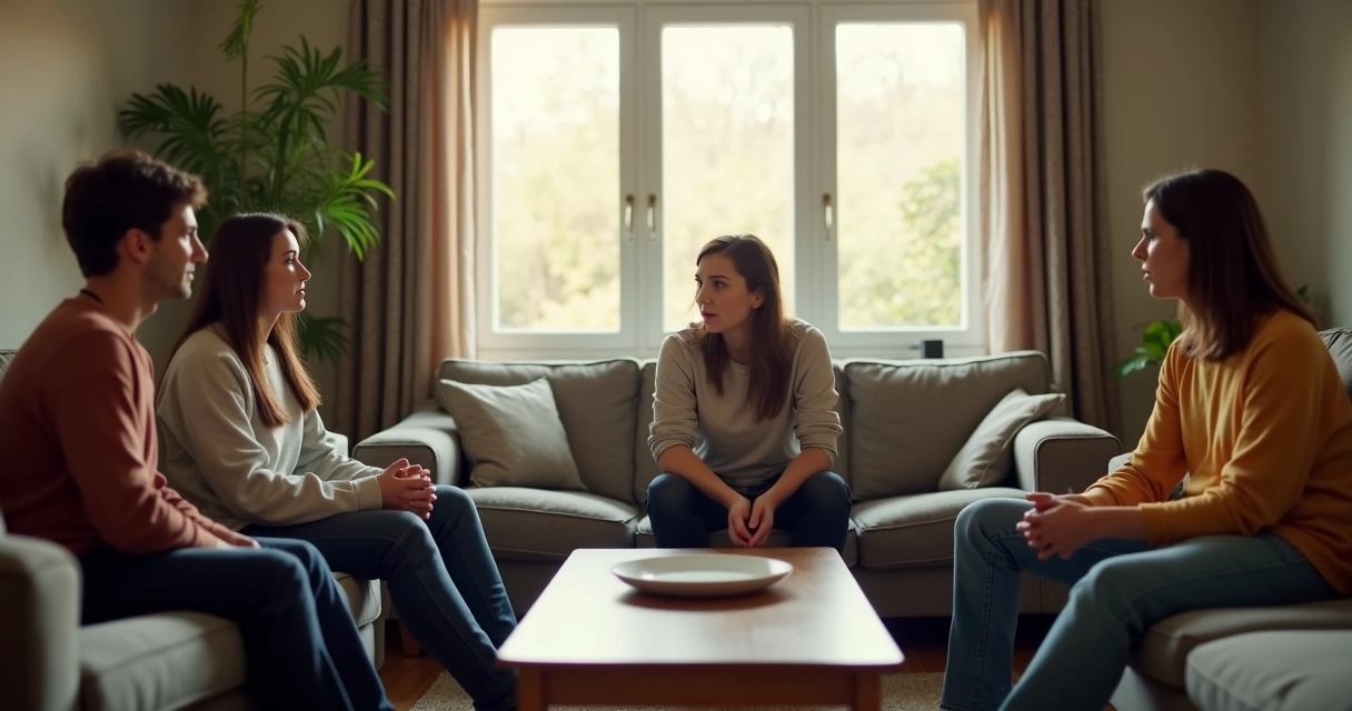 Family sitting in a tense living room conversation