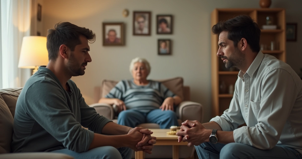 Adult couple sitting tense while an older parent watches from the living room 