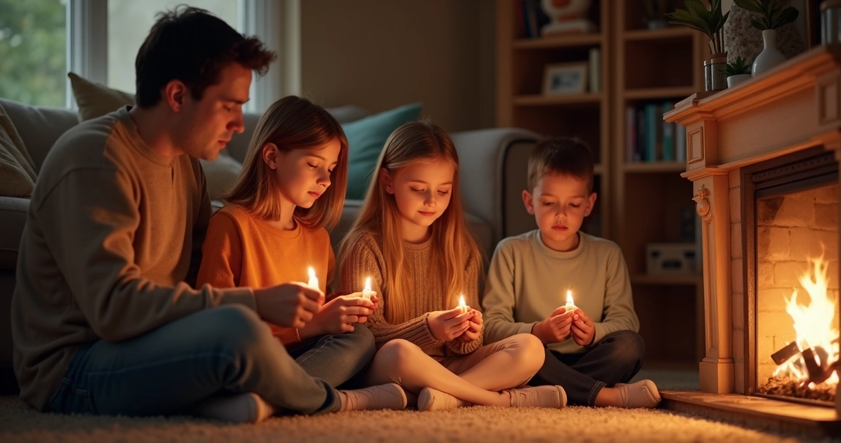 Family sitting together, burning notes in a fireplace as a closure ritual