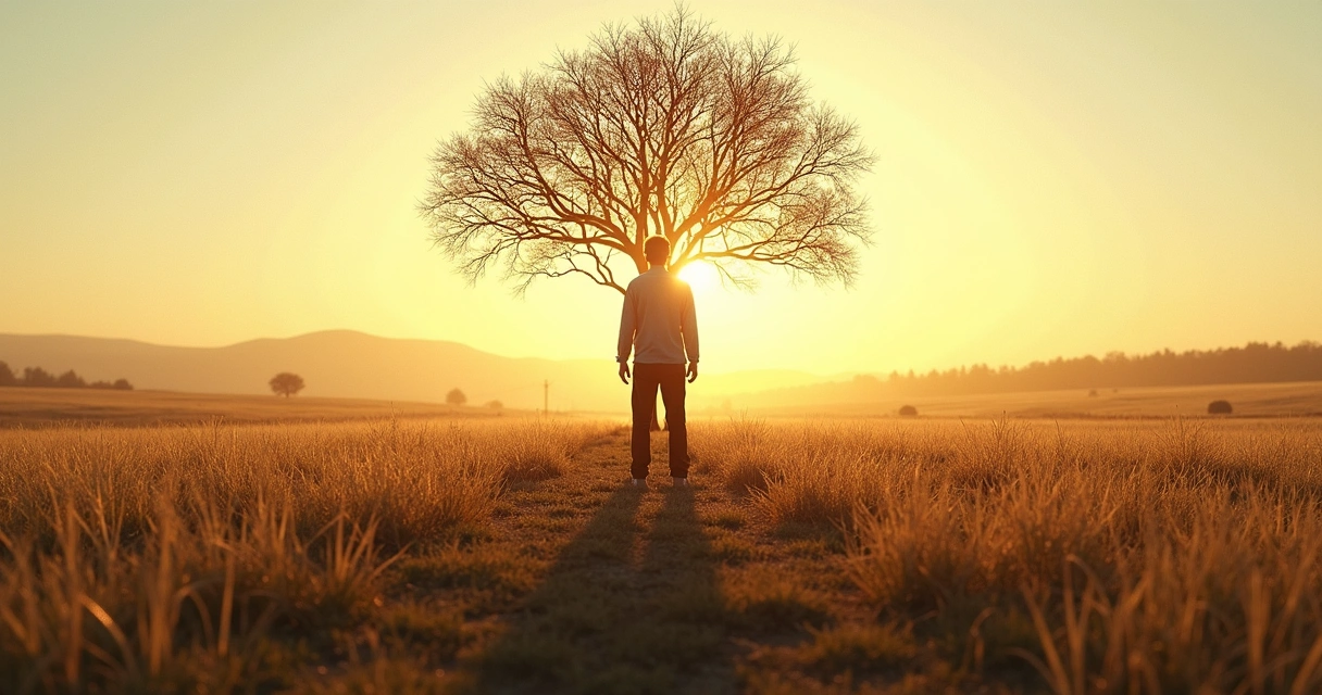 Person standing in open field gently stepping away from tangled family tree shadows 