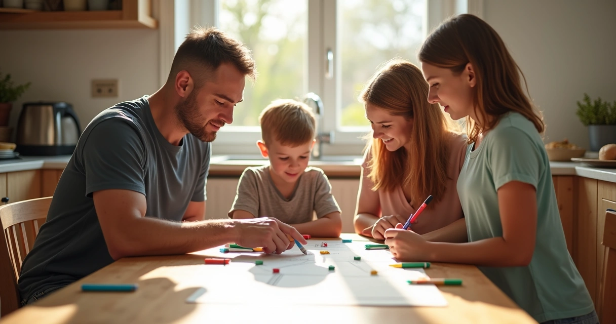 Family members creating a visual timeline together at the kitchen table 