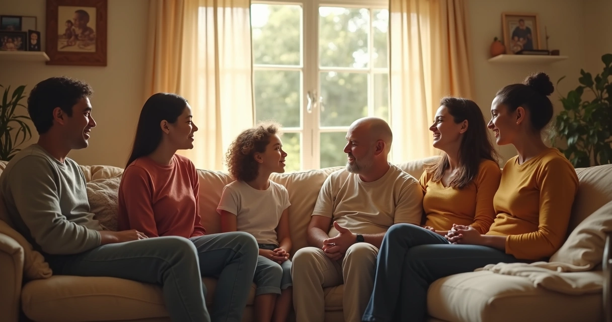 Family sitting together in a living room, engaged in thoughtful, gentle conversation