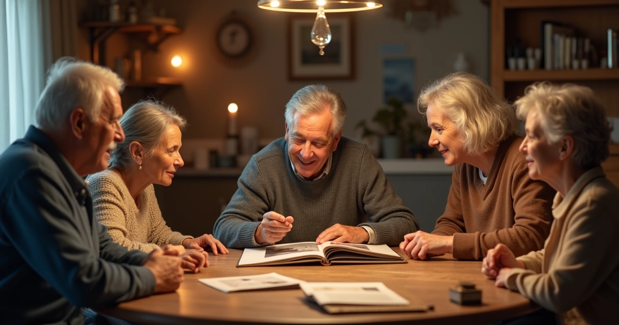 Family discussing memories around a table.