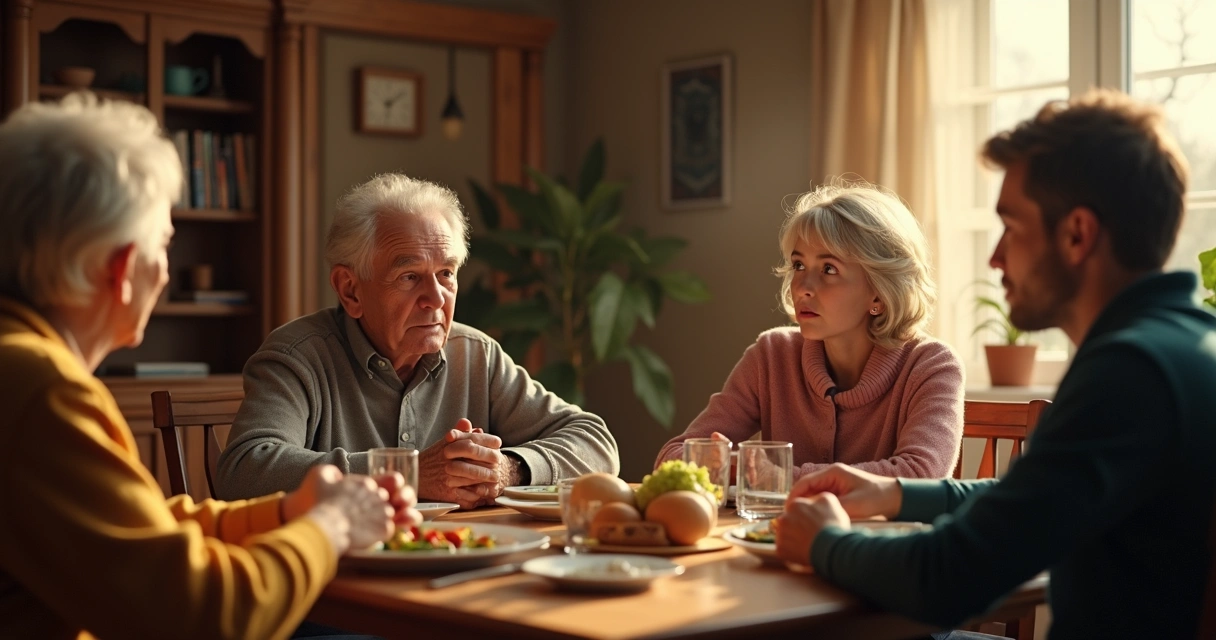 Family around a dinner table, showing visible generational differences