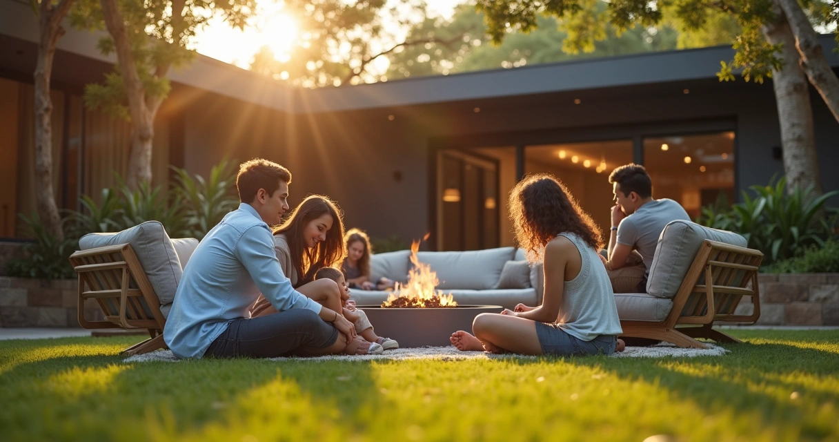Family having outdoor photo session in modern Austin backyard