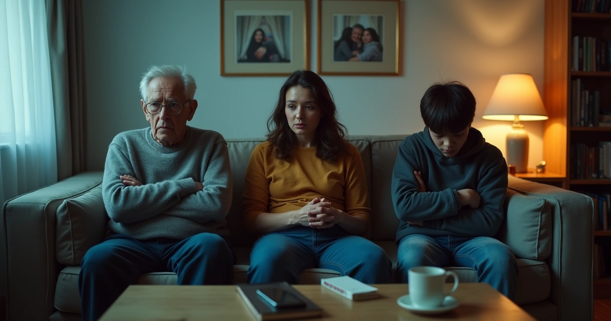 Three generations of a family sitting distant on a sofa in a dim living room 