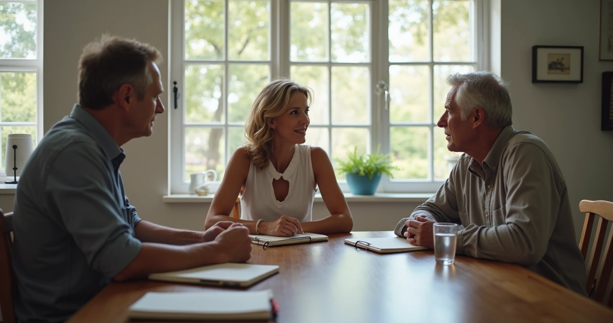 Family discussing life changes around a dining table 
