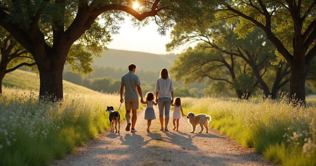 Family walking Hill Country trail amid oak trees