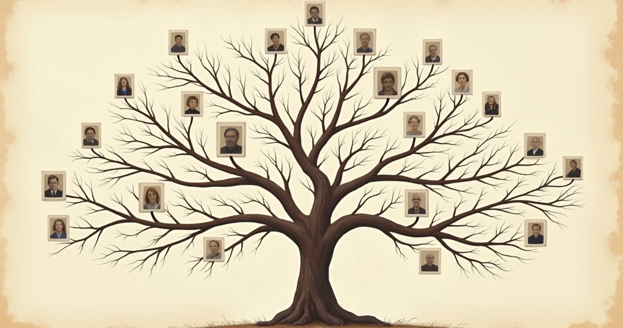 Family tree illustration with blank-faced portraits connected by lines. 