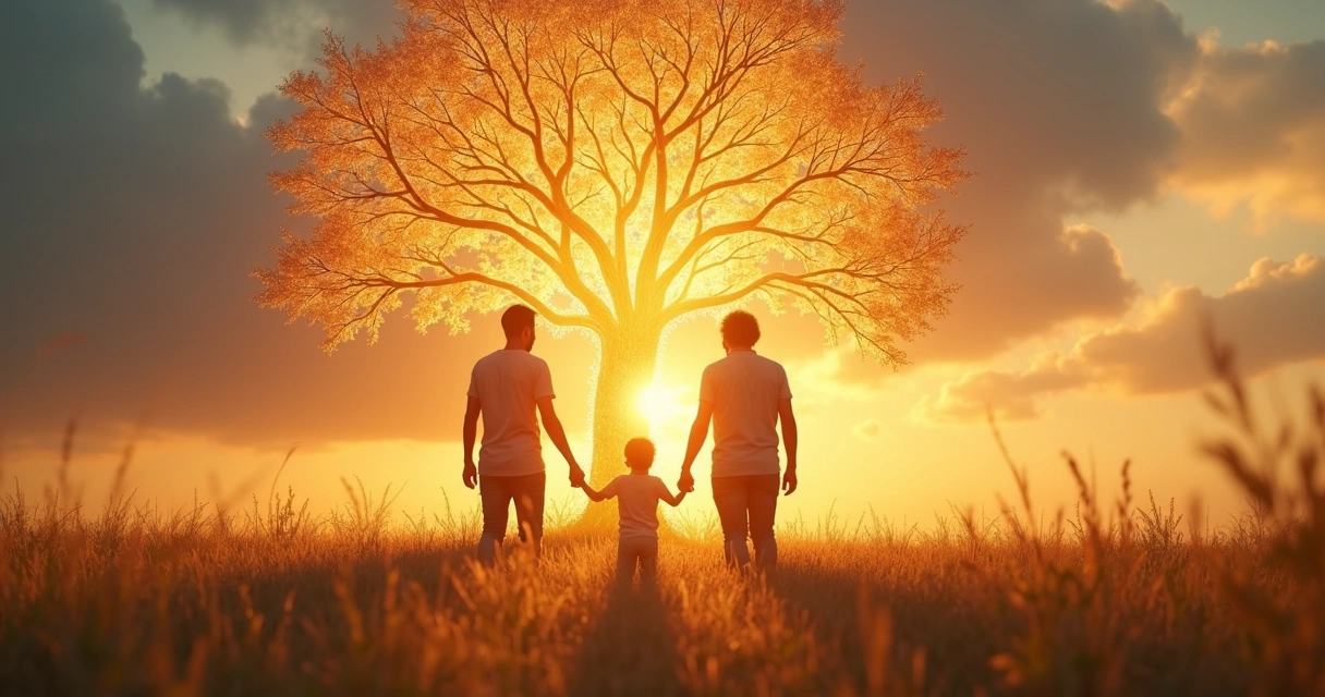 Silhouettes of three generations holding hands before a glowing family tree 