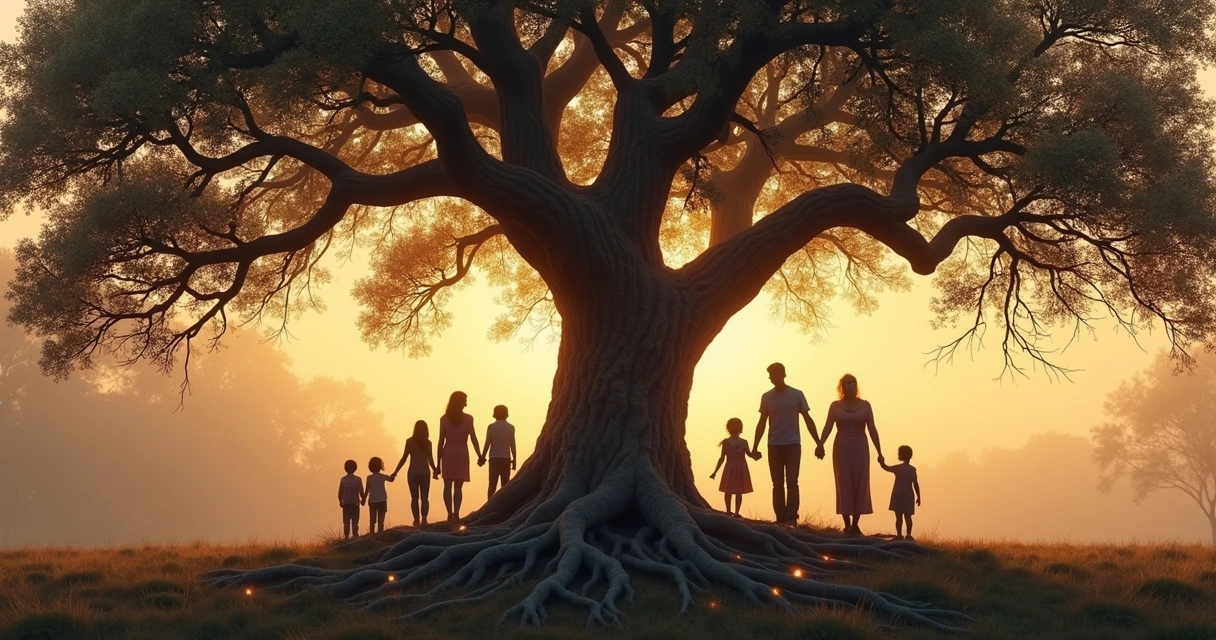 Visual metaphor of a family tree where roots and branches are interconnected, representing family ties and systemic links 