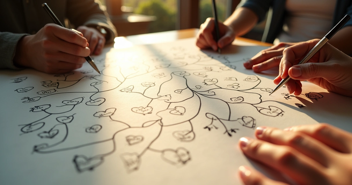 Hands tracing a family tree on a table with symbols for emotional patterns 