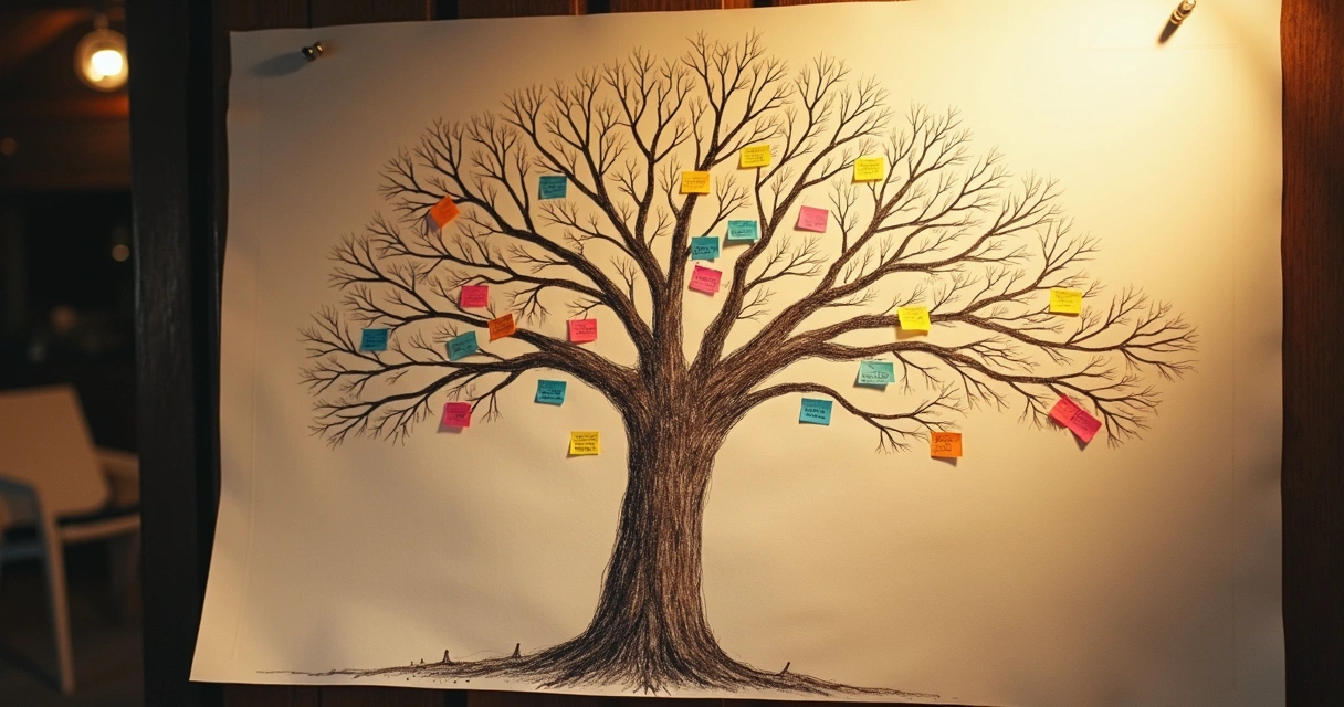 Hand-drawn family tree with visible emotional markers and repeating patterns