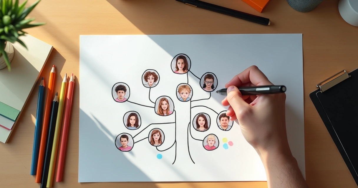 A hand drawing a family tree on paper, connecting faces with lines and highlighting repeating emotional patterns. 
