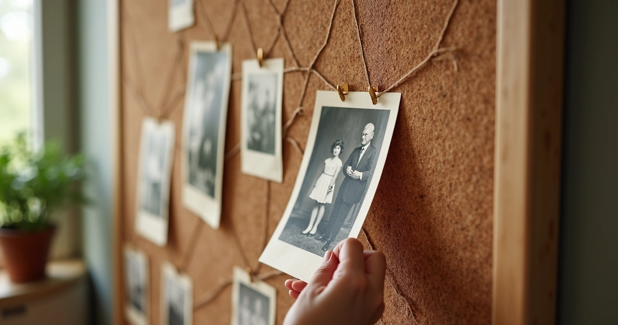 Hand placing photo on a bulletin board shaped like a family tree, connected with strings and photos. 