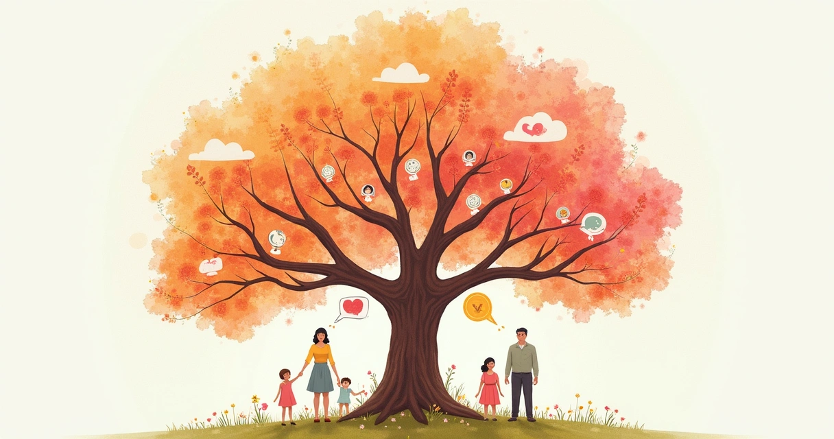 Family tree illustration with branches connecting different generations and symbols representing emotions and roles