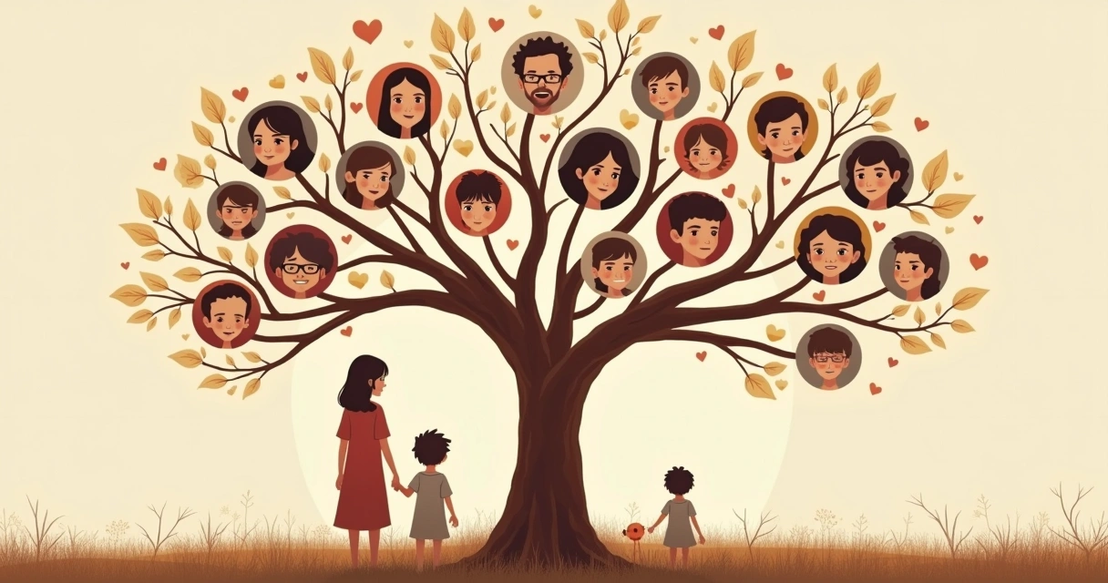 Illustrated family tree showing multiple generations connected by lines and symbols of emotions like hearts and clouds. 