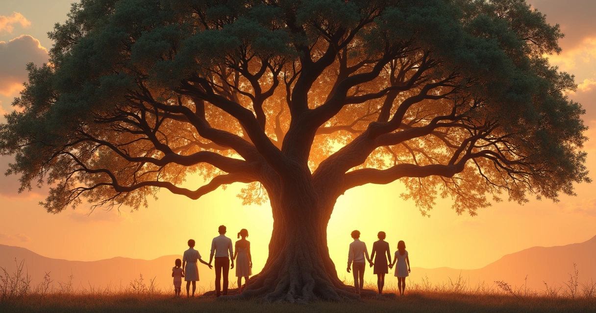Detailed family tree illustration with roots connecting generations 