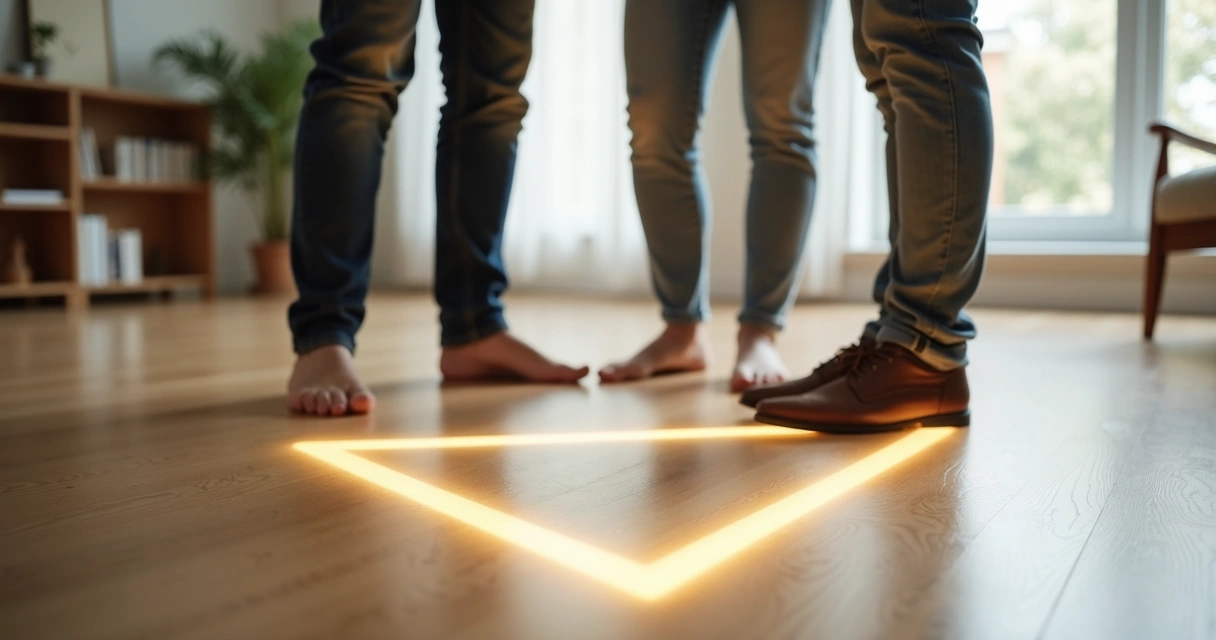 Three family members forming a triangle with one gently stepping outside the line 