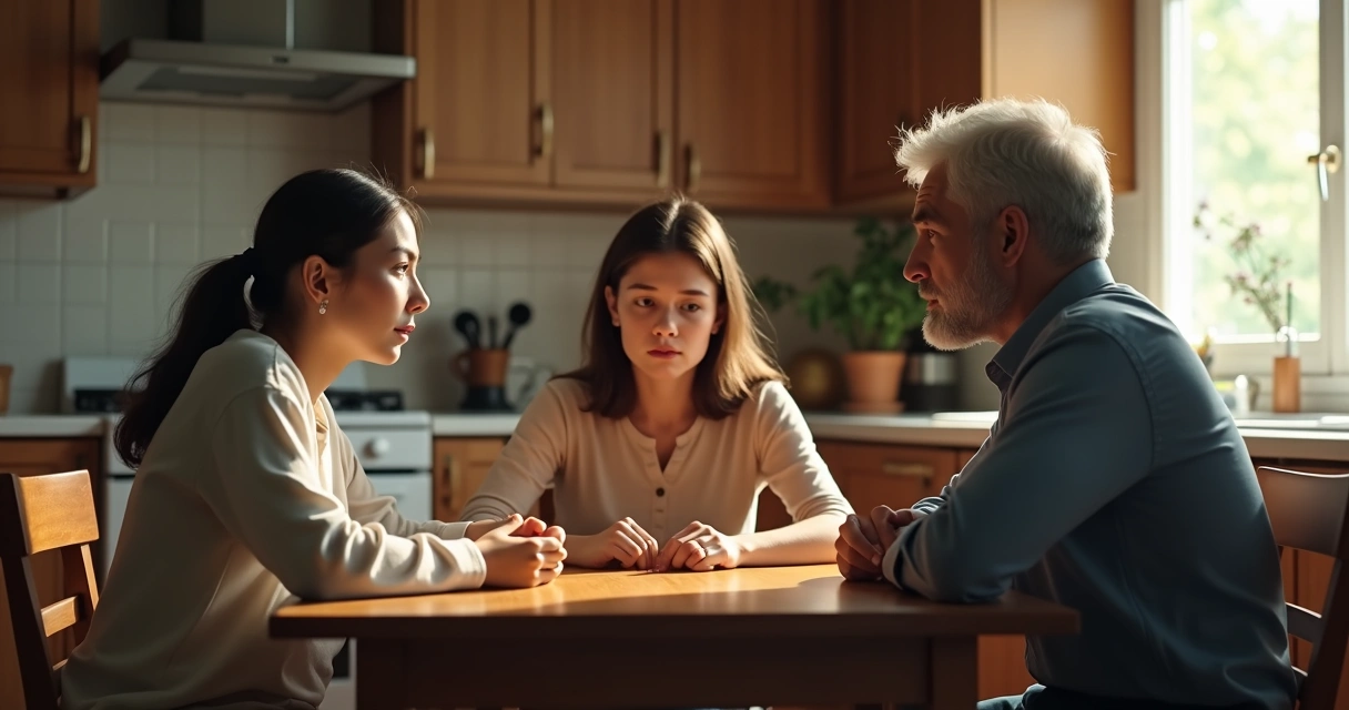 Three family members in conversation, one sitting apart 