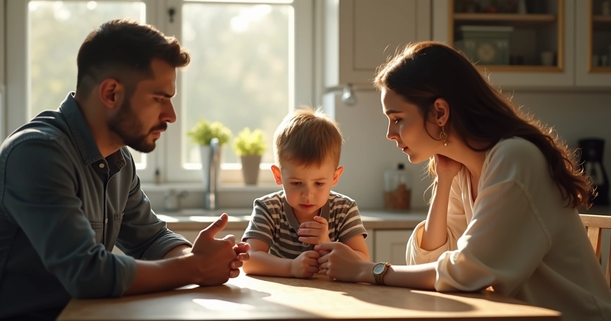 Child sitting between two parents with concerned faces 