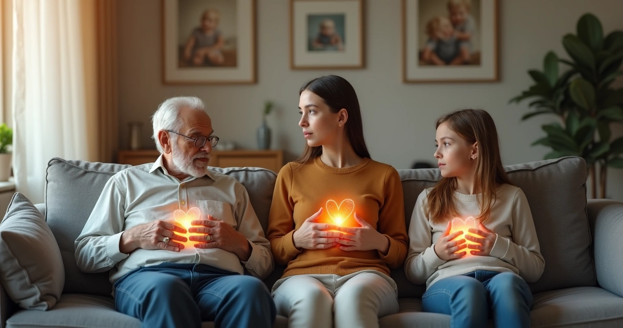 Three generations of a family connected by subtle translucent threads 