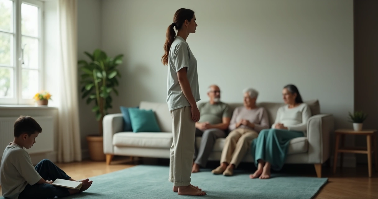 Adult standing between parents and child with invisible strings connecting them 