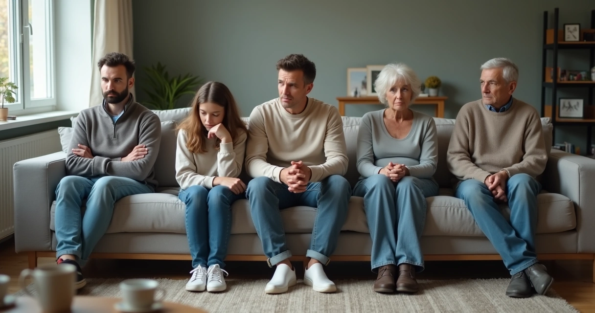 Family sitting together on a sofa looking distant and disconnected 