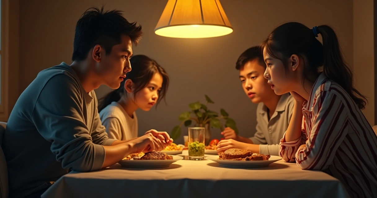 Family gathered at dinner table, each person looking in different directions, showing subtle tension
